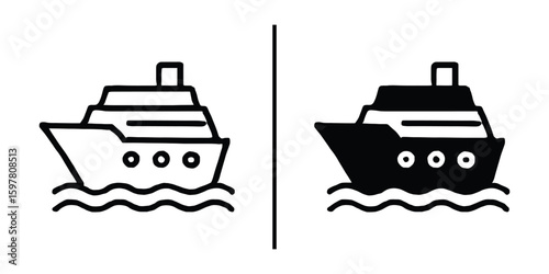 Cruise Ship Icon: A sleek cruise ship icon represents maritime travel and luxury cruising, conveying the spirit of voyages on the open water. 