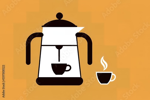 Stylized illustration shows an espresso maker pouring coffee into a cup on yellow background.