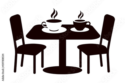 Illustration shows two coffee cups on a table with chairs in a minimalist, modern style.