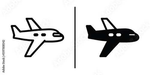 Airplane Icons: A pair of contrasting airplane icons, one in stark black and the other in outline form, present a symbol of flight and travel.