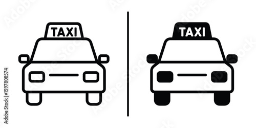 Taxi Icon: A stark, clean, symmetrical illustration, a taxi with a prominent TAXI sign, rendered in a simple graphic style, perfect for conveying transportation and urban concepts.