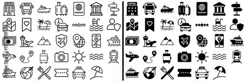 Travel Icon Collection: A diverse set of travel-related icons, depicting various aspects of journey and exploration. perfect for design assets, and visual communications