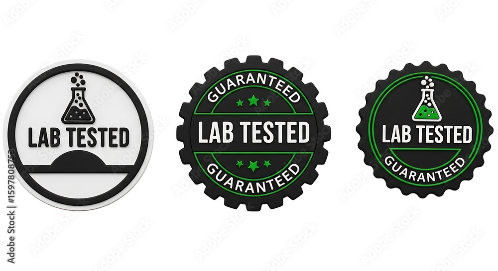Obraz premium Lab tested and guaranteed badges with beaker icon displayed
