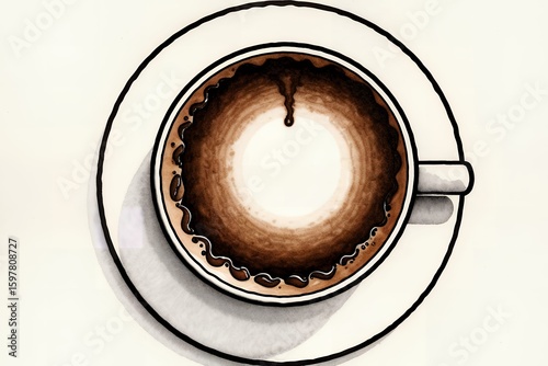 Overhead shot shows a steaming cup of coffee against white in an artistic, simple style.