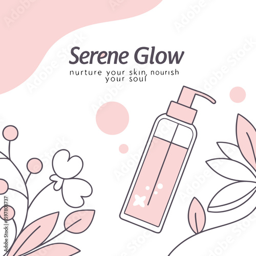 Illustration of a skincare bottle with pump, surrounded by floral elements and pink circles on white backdrop