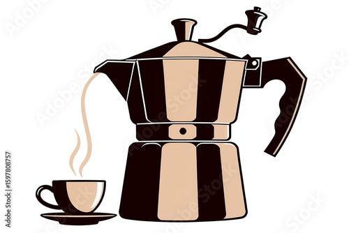 Stylized illustration of a Moka pot pouring coffee into a cup, conveying a warm, inviting ambiance.