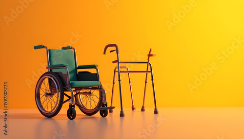 Green wheelchair walker bright orange background mobility aid