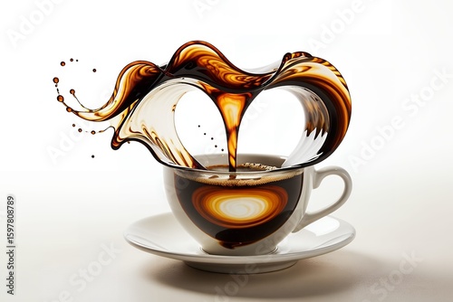 A dynamic shot of coffee being poured into a white cup, creating a swirling splash effect.