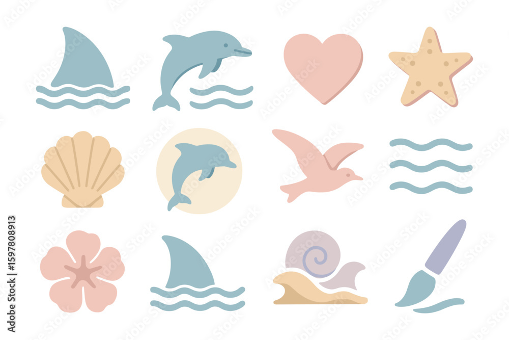 Fototapeta premium Sea life vector illustration: nautical icons for summer design in pastel flat style