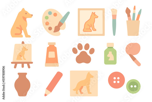 Artistic canine vector illustration: dog art tools and supplies in flat style for creative design projects