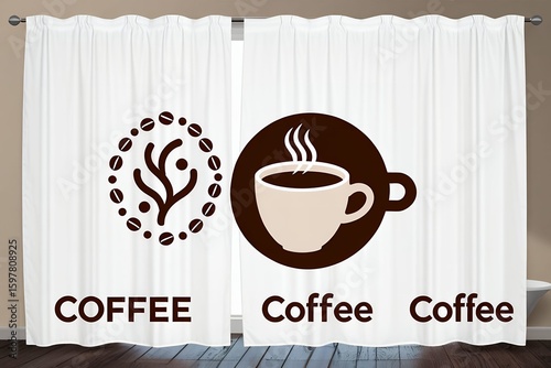 Stylized white curtains feature brown coffee bean designs and coffee cup, creating a cozy mood.