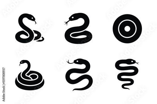 Black serpent silhouettes coiled and slithering snake reptile