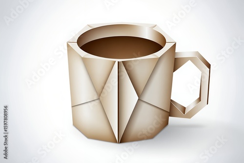 A stylized, faceted cup of coffee, digitally rendered with geometric shapes and soft, warm lighting.