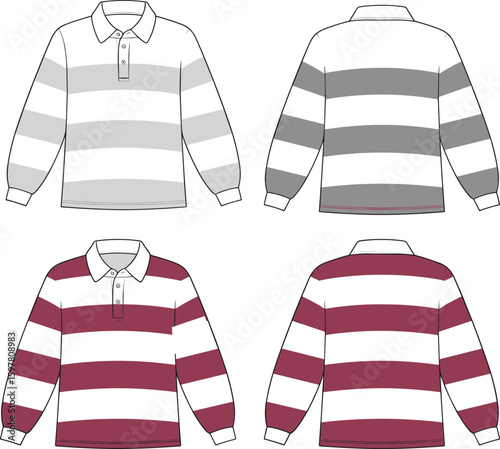 cad drawing flat vector illustration of long sleeve rugby shirt with collar button placket stripe pattern front back view