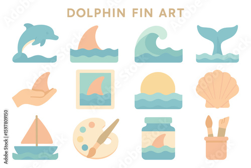 Dolphin fin art vector illustration: nautical elements for summer design in flat style