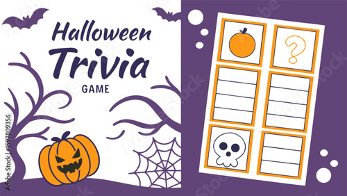 Illustration of halloween trivia game with pumpkins, bats, trees, spiderweb, and a question mark card
