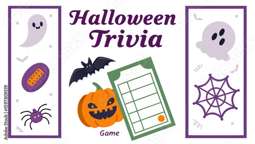 Halloween trivia game with ghost, bat, pumpkin, spider web, and bandage in a purple and white theme design