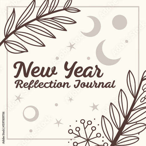 New year reflection journal with floral accents, moons, stars, and soft color palette in a square frame