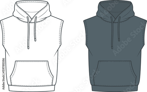 CAD drawing flat vector illustration of sleeveless pullover hoodie, technical fashion sketch, gym clothing design template, casual wear outline