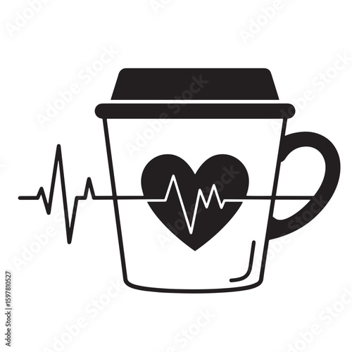Coffee cup with heartbeat symbol modern minimalist design in black and white vector illustration