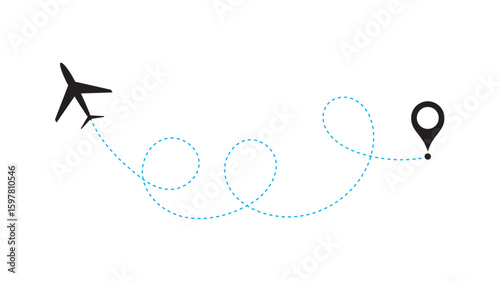air plane flight route with start point and dash line trace. Various aircraft and destination location pins icons. Aircraft tracking, planes, travel, map