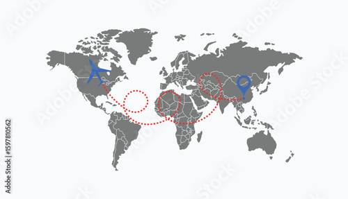 air plane flight route with start point and dash line trace. Various aircraft and destination location pins icons. Aircraft tracking, planes, travel, map