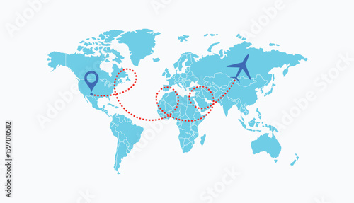 air plane flight route with start point and dash line trace. Various aircraft and destination location pins icons. Aircraft tracking, planes, travel, map