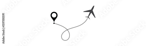 air plane flight route with start point and dash line trace. Various aircraft and destination location pins icons. Aircraft tracking, planes, travel, map