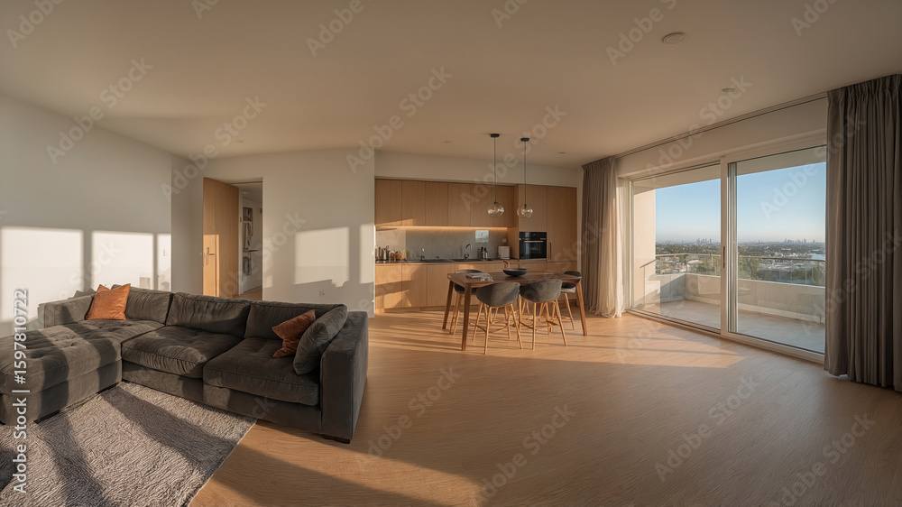 Fototapeta premium Modern apartment interior with open plan living space featuring comfortable furniture and kitchen dining area with city skyline view