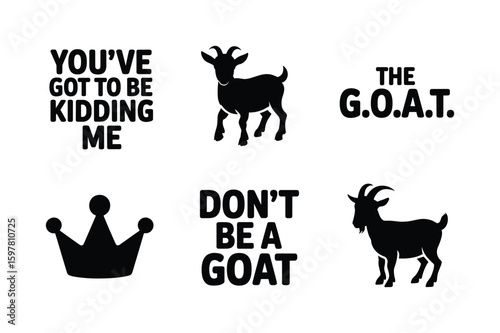 Black silhouettes of goats and text on white background crown