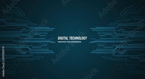 Digital technology background with glowing circuit lines. Represents innovation, future tech, and data flow. Includes text "DIGITAL TECHNOLOGY". Vector EPS10.