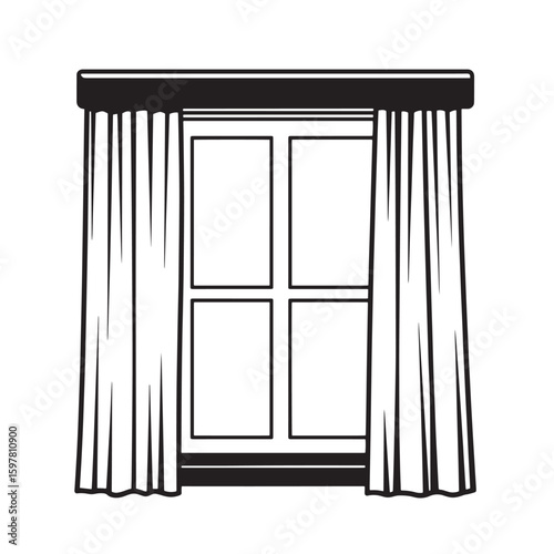 Elegant black and white illustration of a window with curtains for architectural or interior design elements