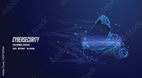 Polygonal hacker figure with laptop, symbolizing cybersecurity, data breach, and digital crime. Abstract network background. Vector EPS10.