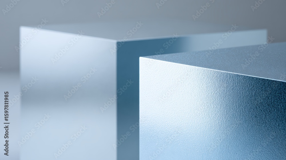 Fototapeta premium Blue pedestals creating minimalist geometric arrangement, casting subtle shadows on pale background with clean negative space for design mockups and visual communication