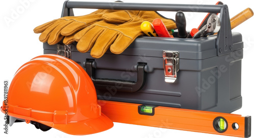 Wallpaper Mural Orange hard hat leather work gloves toolbox with tools and spirit level transparent background Torontodigital.ca