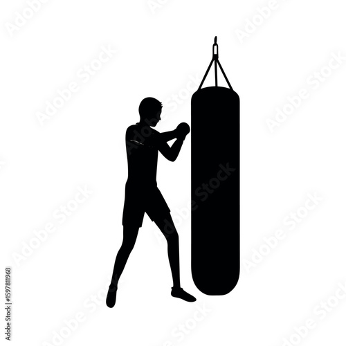 Athlete practicing punches with heavy bag workout drill silhouette Art Vector illustration