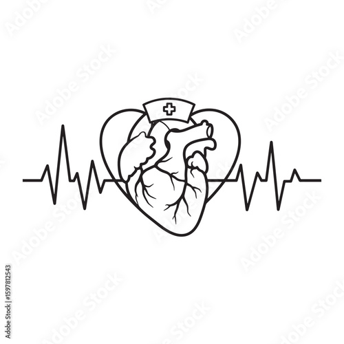Medical symbol featuring a heart ekg and nurse hat design perfect for healthcare professionals