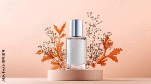 Elegant glass product bottle with silver cap displayed on a pink podium adorned with dried flowers and fall leaves