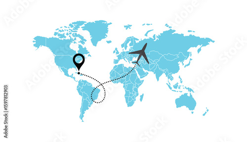air plane flight route with start point and dash line trace. Various aircraft and destination location pins icons. Aircraft tracking, planes, travel, map