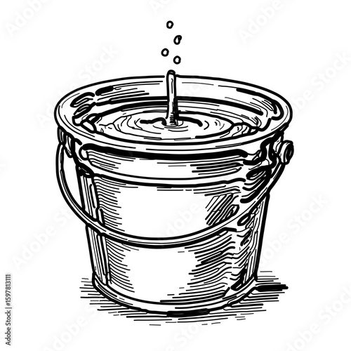 Black Vector Illustration of a Cartoon Bucket Filled with Water