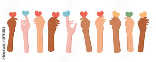 Flat set of diverse bare hands holding colorful hearts. Hands lift vibrant hearts as a symbol of love, solidarity, and charity. Represents a multicultural community, unity, and support. Perfect for