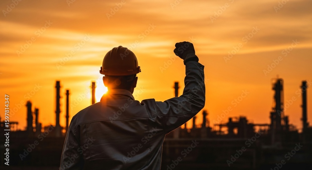 Fototapeta premium Silhouette of worker celebrating success at sunset in industrial setting. Great for energy, oil, gas, construction, labor day, power, and achievement concepts. Optimistic, prideful.
