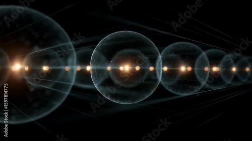 Cosmic light sequence in transparent spheres. Abstract space concept video. Futuristic galaxy exploration visualization. Digital universe simulation for science fiction.