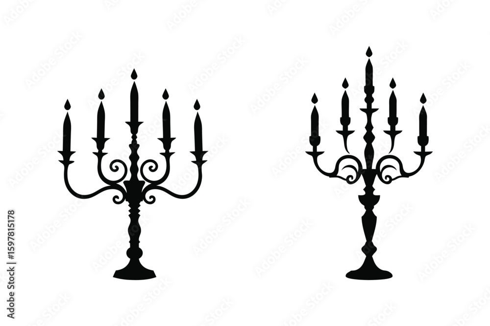 Fototapeta premium Two black silhouette candelabras with five candles each vector illustration
