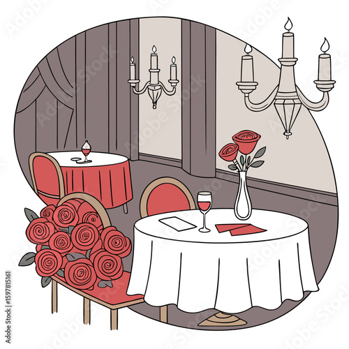 Illustration of a romantic restaurant scene with tables chairs roses and chandeliers creating an atmosphere