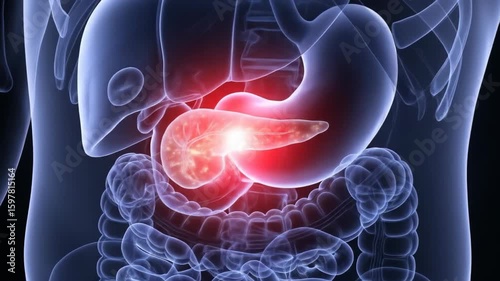 Detailed 3D animation of the human pancreas highlighted with a red glow, indicating pain or disease within the abdominal cavity.