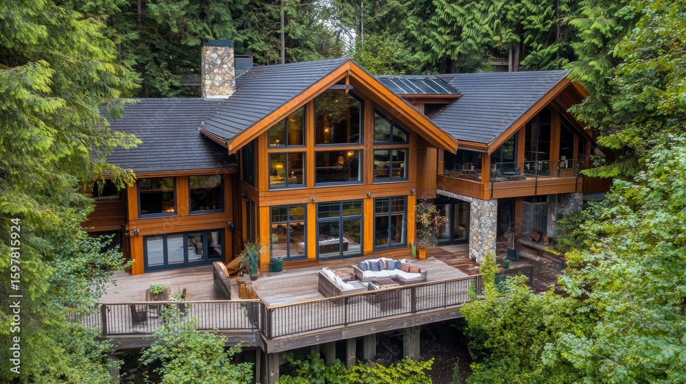 Luxurious wooden house nestled in a lush green forest, featuring expansive decks and large windows. Luxurious wooden house nestled in a lush green forest, featuring expansive decks and large windows.