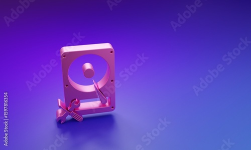 Pink Hard disk drive with screwdriver and wrench icon isolated on purple-blue background. Adjusting, service, setting, maintenance, repair, fixing. Minimalism concept. 3D render illustration