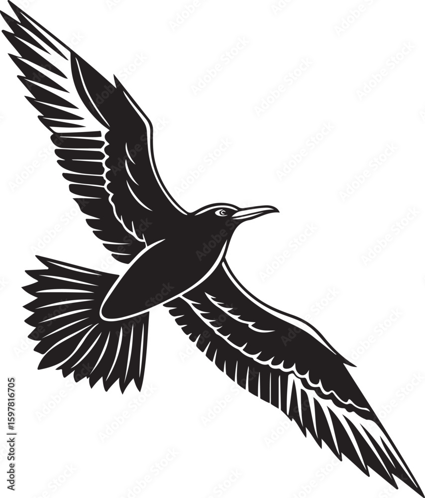 Fototapeta premium Black and White Silhouette of a Flying Seagull Bird Illustration Isolated on White Background