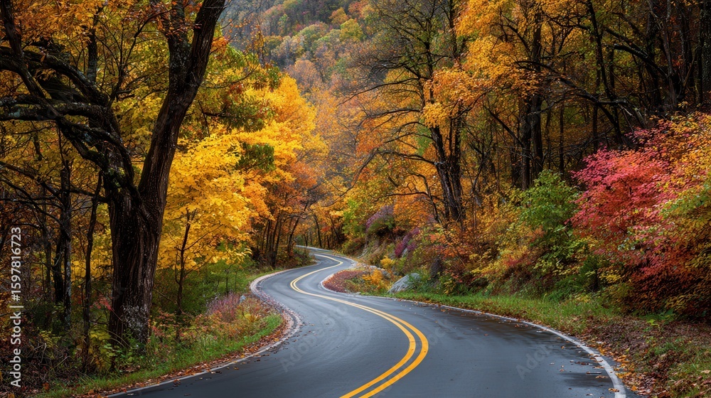 Obraz premium Curving wet asphalt road cutting through forest, autumn leaves painting landscape with vibrant yellow, orange, red, green hues under soft light